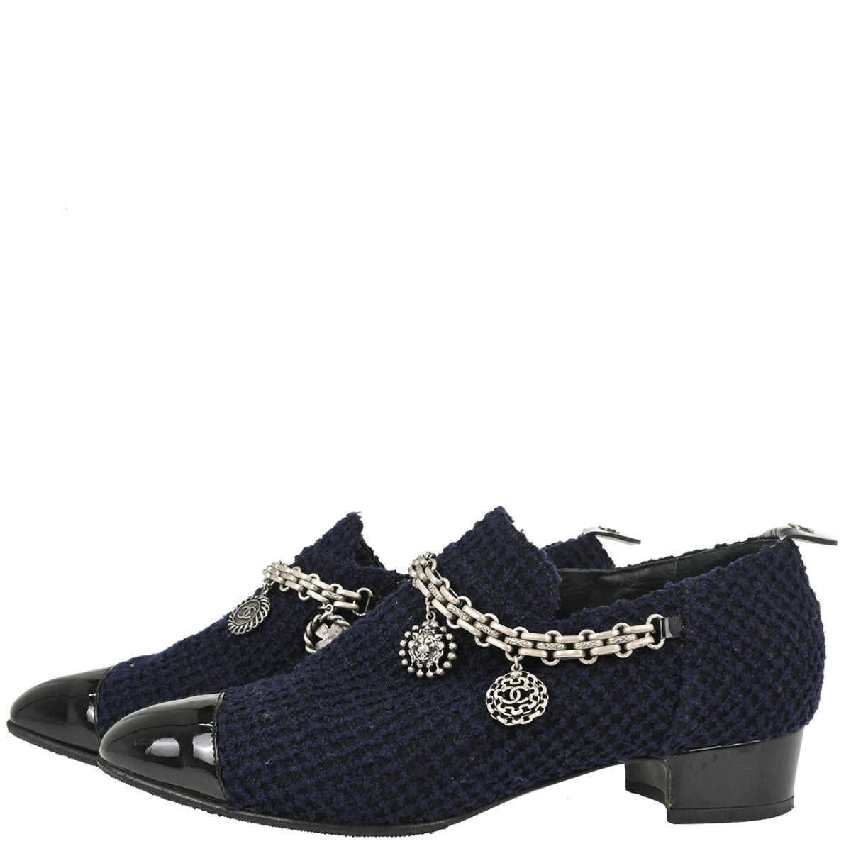 Chanel * Navy Black Tweed Charm Loafers Shoes #35 1/2