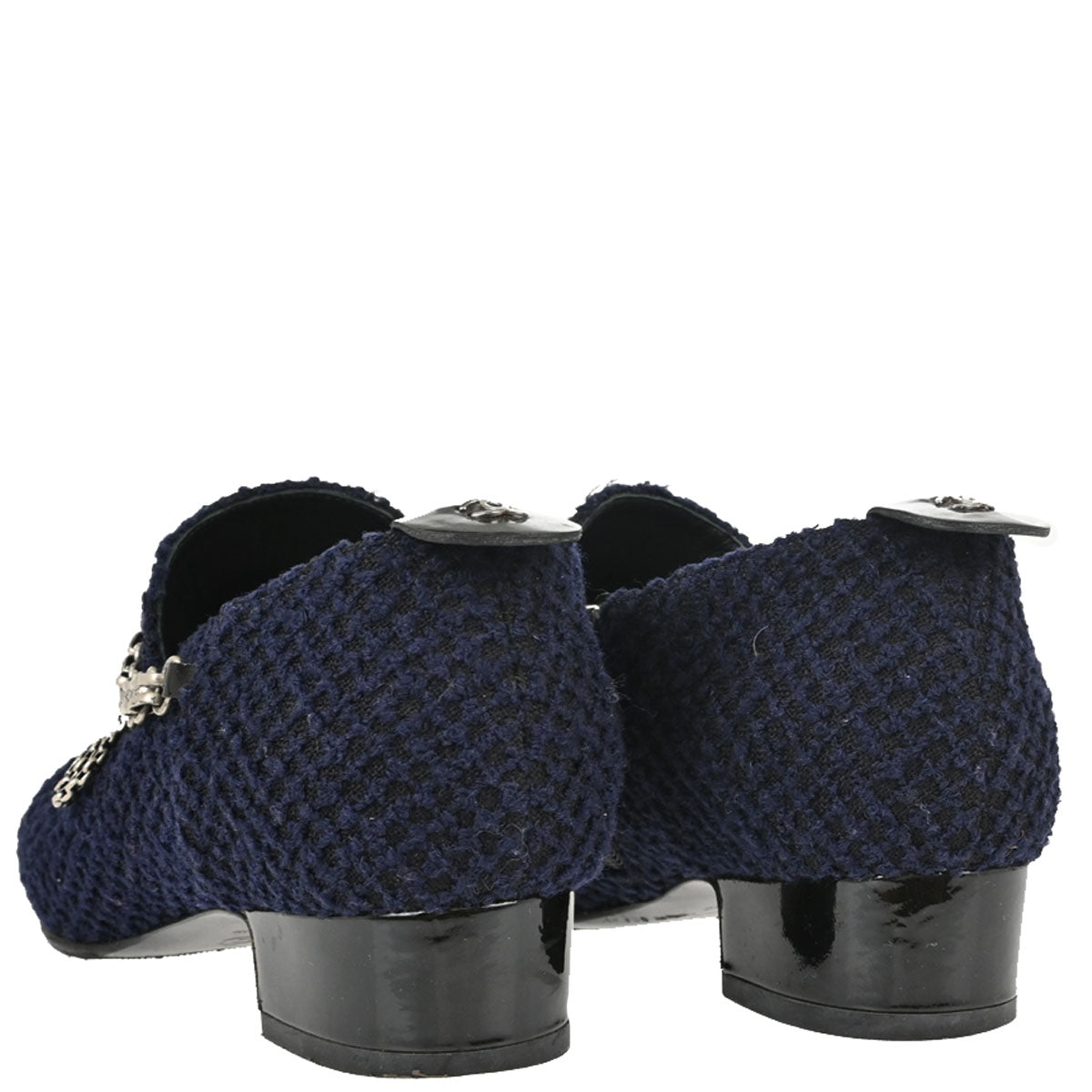 Chanel * Navy Black Tweed Charm Loafers Shoes #35 1/2