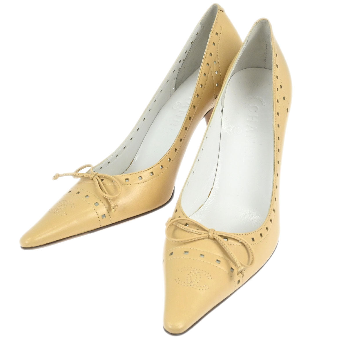 Chanel * CC Bow Beige Leather Pumps Shoes #38