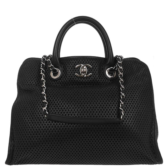 Chanel Black Perforated Calfskin Up In The Air Tote 2way Shoulder Chain Handbag