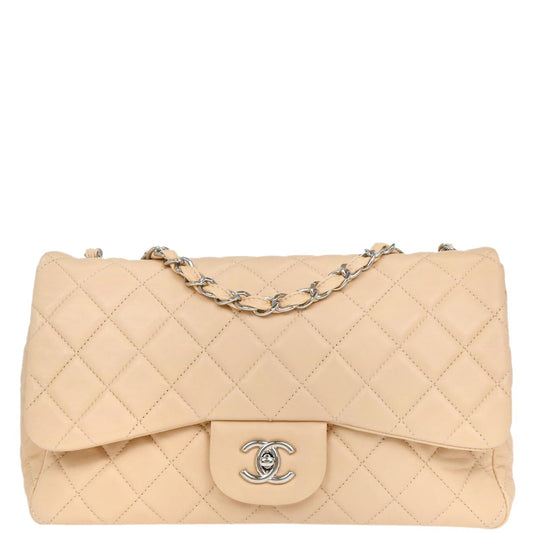 Chanel Beige Lambskin Jumbo Classic Flap Bag