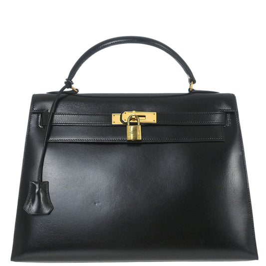 Hermes Black Box Calf Kelly 32 Sellier Handbag