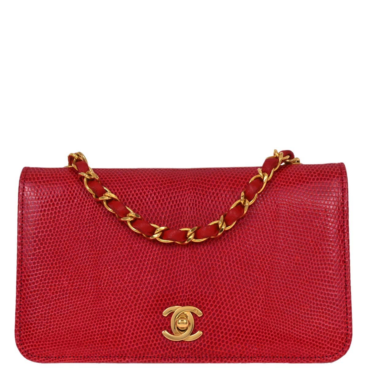 Chanel * 1989-1991 Red Lizard Turnlock Mini Full Flap Shoulder Bag