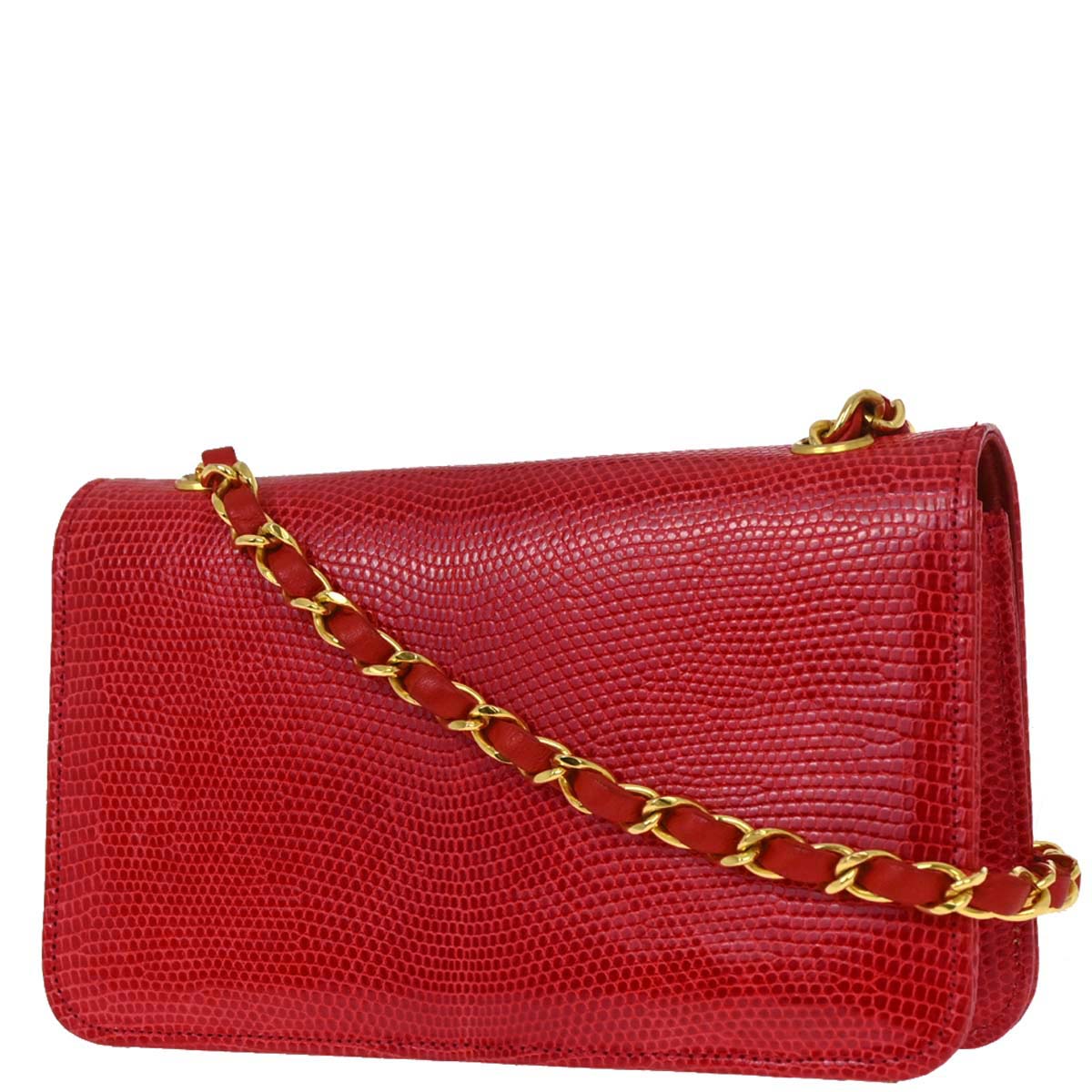 Chanel * 1989-1991 Red Lizard Turnlock Mini Full Flap Shoulder Bag