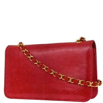 Chanel * 1989-1991 Red Lizard Turnlock Mini Full Flap Shoulder Bag
