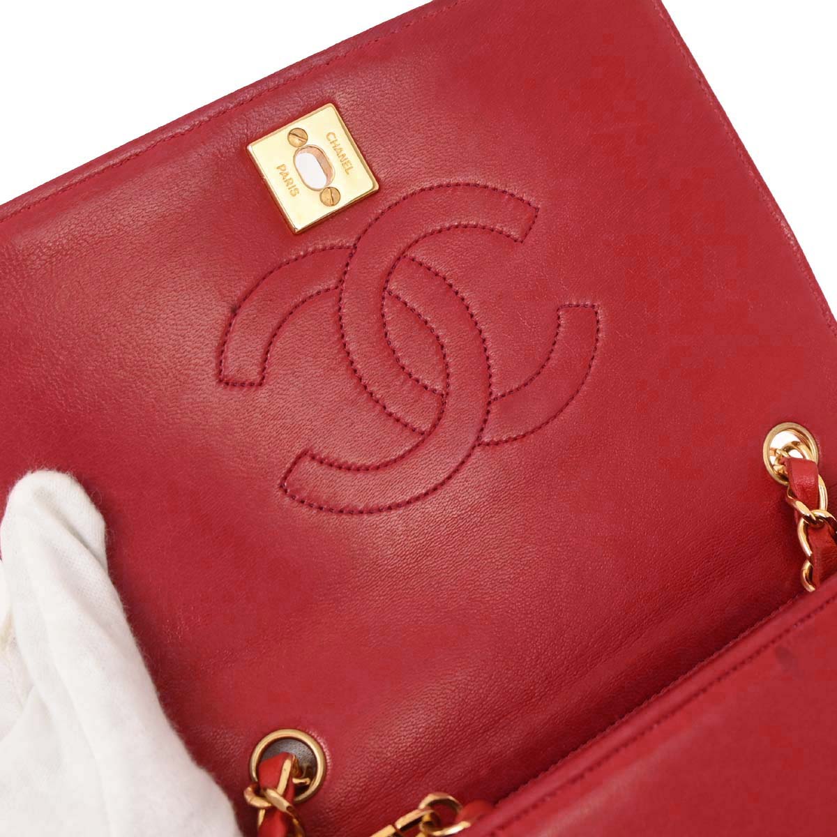 Chanel * 1989-1991 Red Lizard Turnlock Mini Full Flap Shoulder Bag