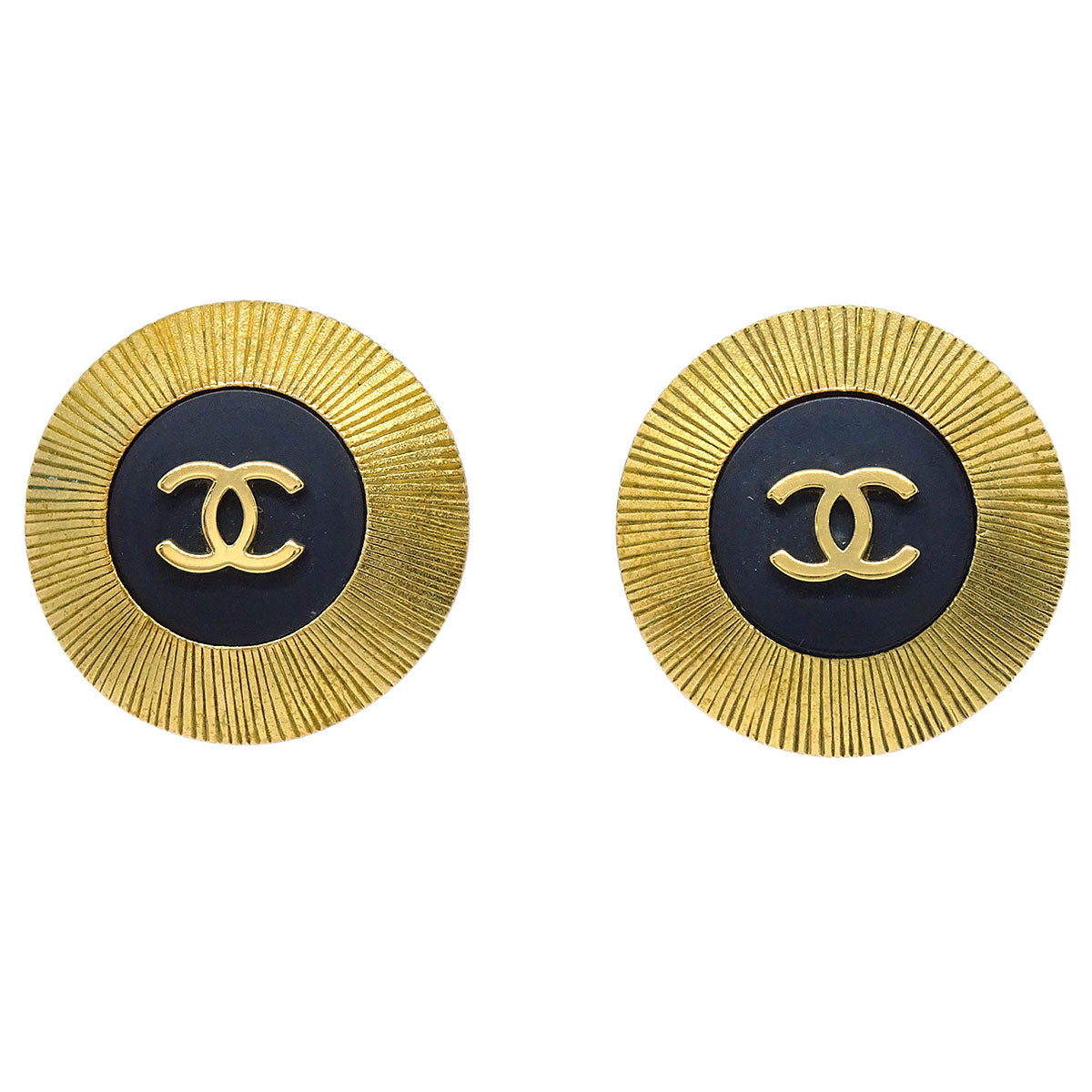 Chanel Button Clip-On Earrings Gold Black 95P