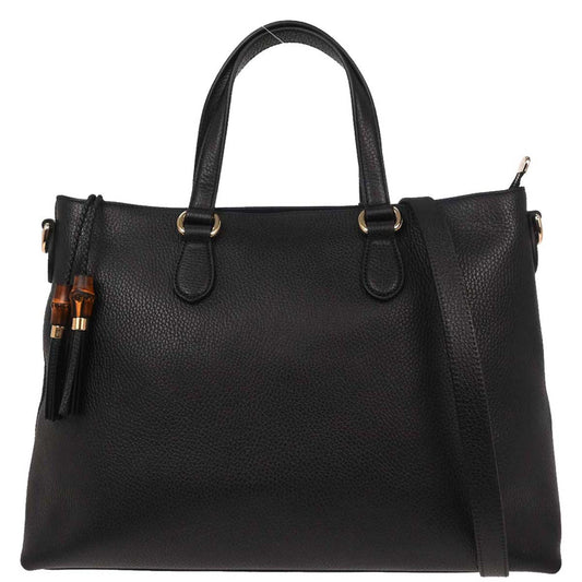 Gucci Black Leather Bamboo Tassel Tote 2way Shoulder Handbag