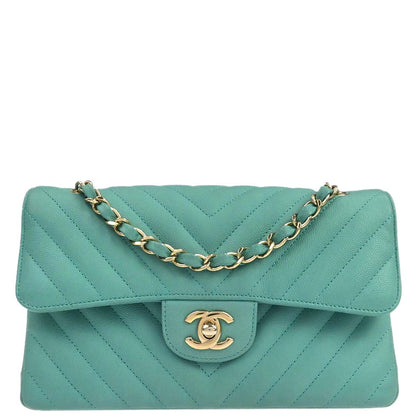 Chanel 2019 Emerald Green Caviar Small Classic Double Flap Shoulder Bag