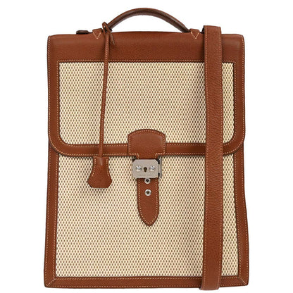 Hermes Beige Brown Toile GM Buffalo Sac a Depeches DPLG 2way Shoulder Handbag