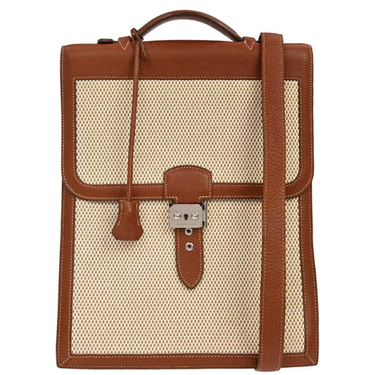 Hermes Beige Brown Toile GM Buffalo Sac a Depeches DPLG 2way Shoulder Handbag