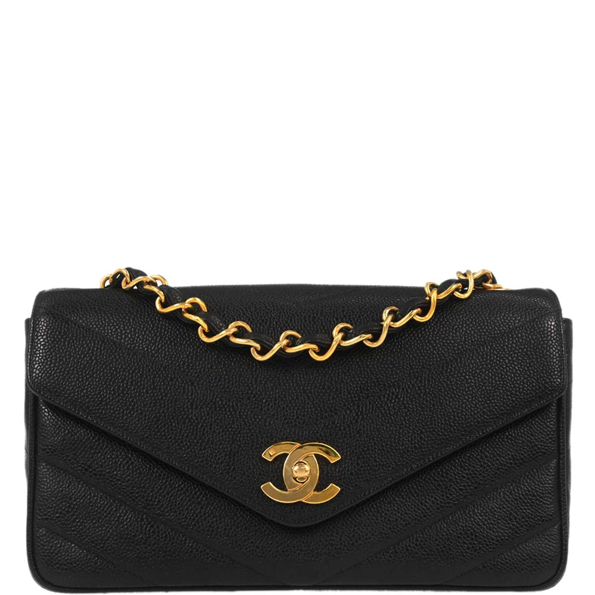 Chanel Black Caviar Skin Chevron Shoulder Bag