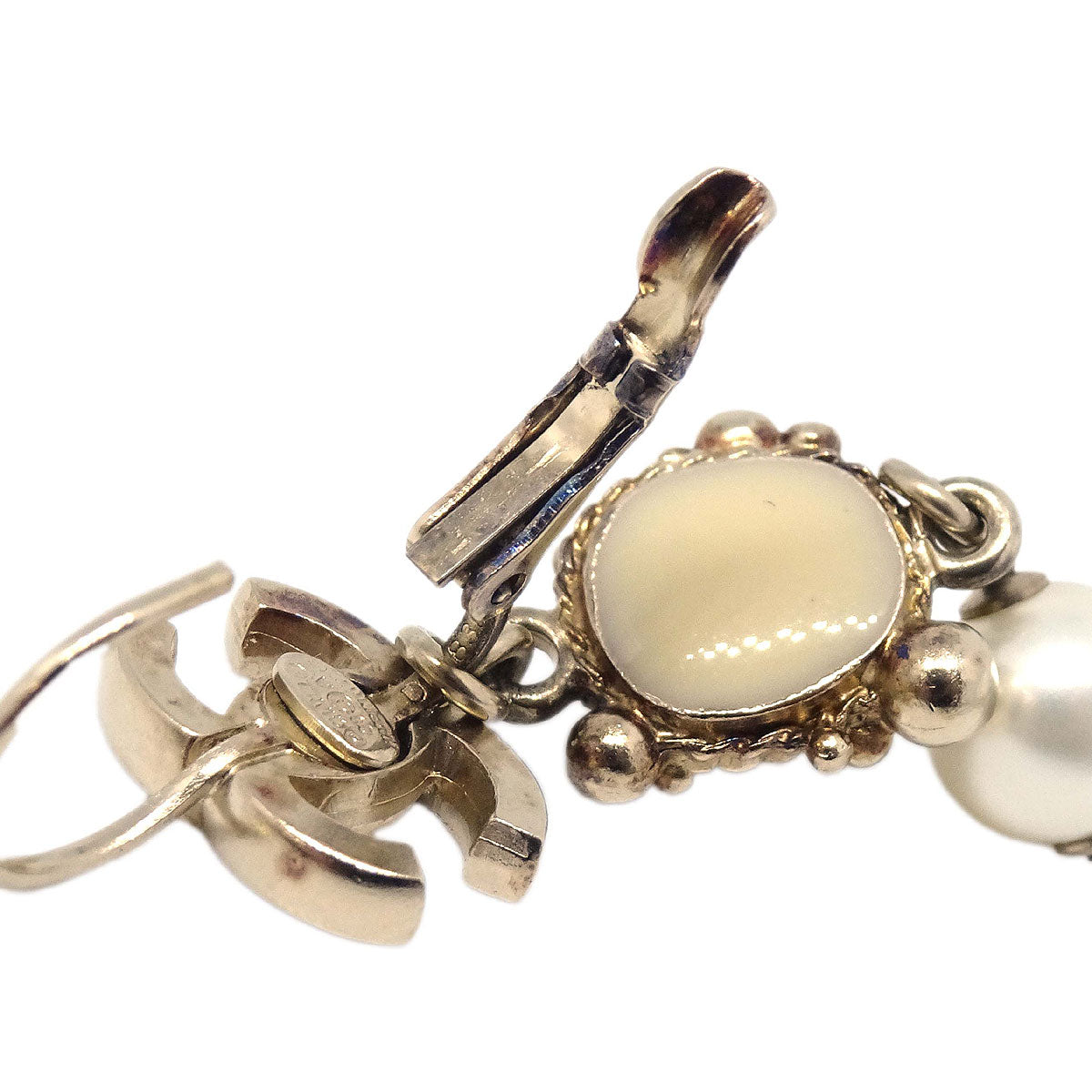 Chanel Dangle CC Pierced Earrings Gold Costume Pearl 08A