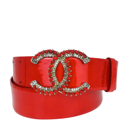 Chanel Belt Red Patent Leather Rhinestone #80/32 Small Good
