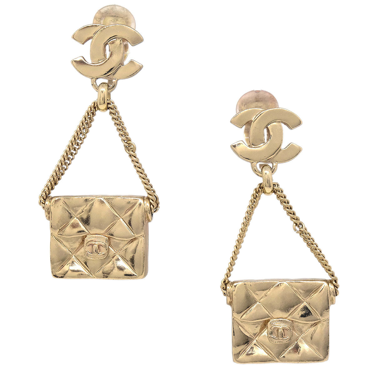 Chanel CC Handbag Motif Dangle Clip-On Earrings Gold 02P