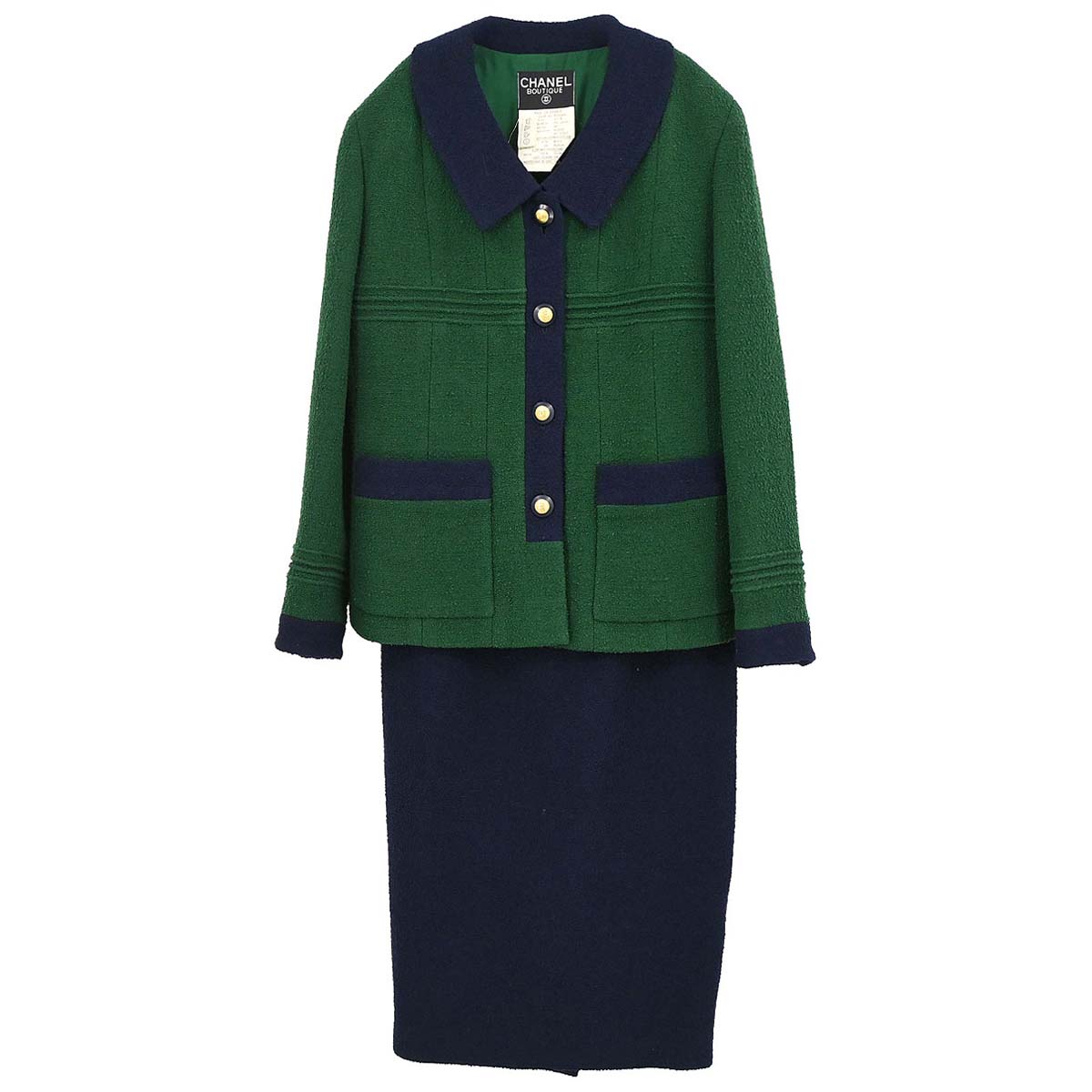 Chanel 1993 Setup Suit Jacket Skirt Green Navy #40