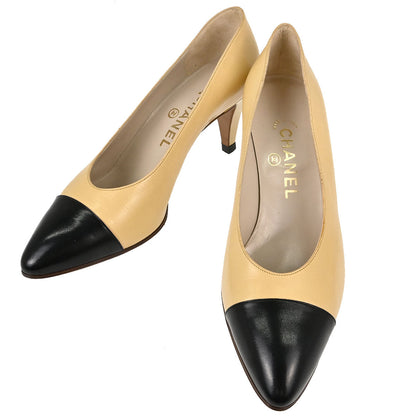 Chanel * Beige Black Leather Pumps Shoes #37