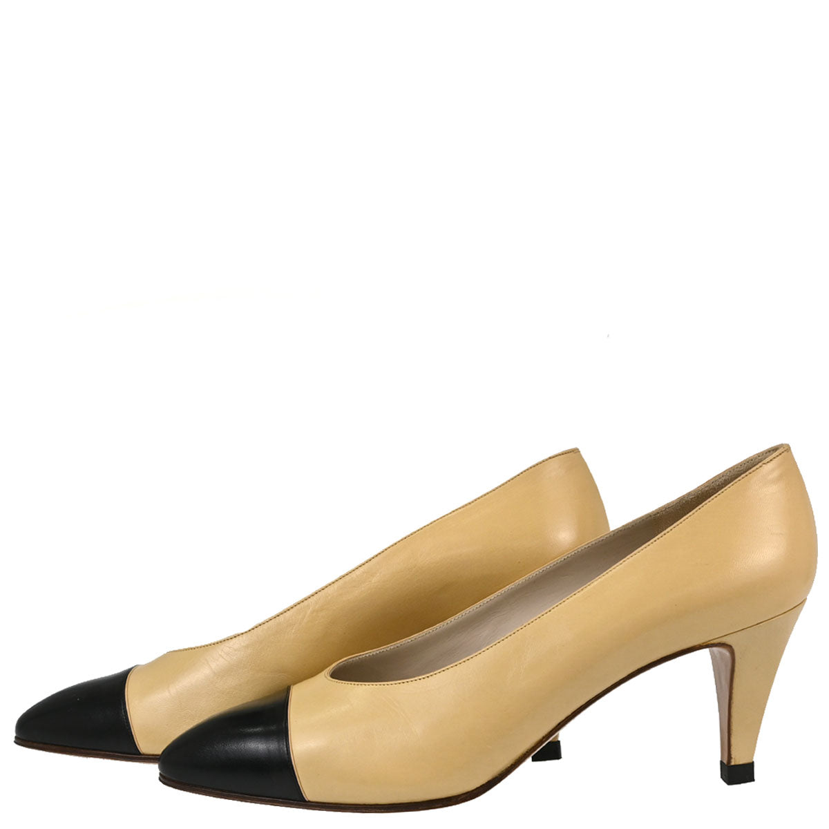 Chanel * Beige Black Leather Pumps Shoes #37