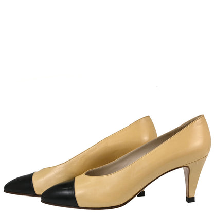 Chanel * Beige Black Leather Pumps Shoes #37