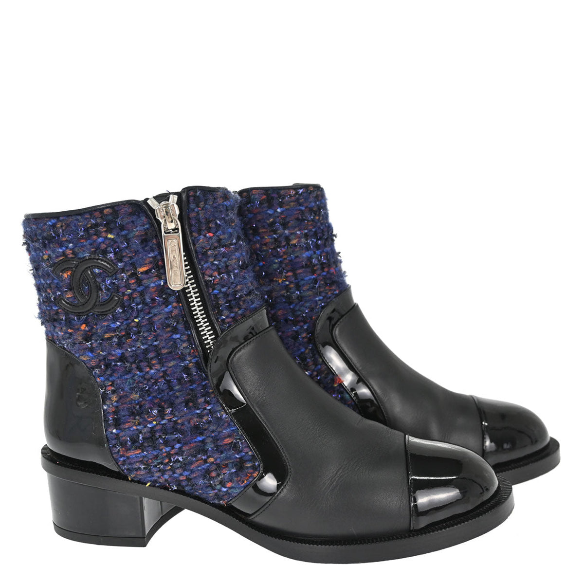 Chanel * Short Boots Navy Black Tweed Shoes #36 1/2C