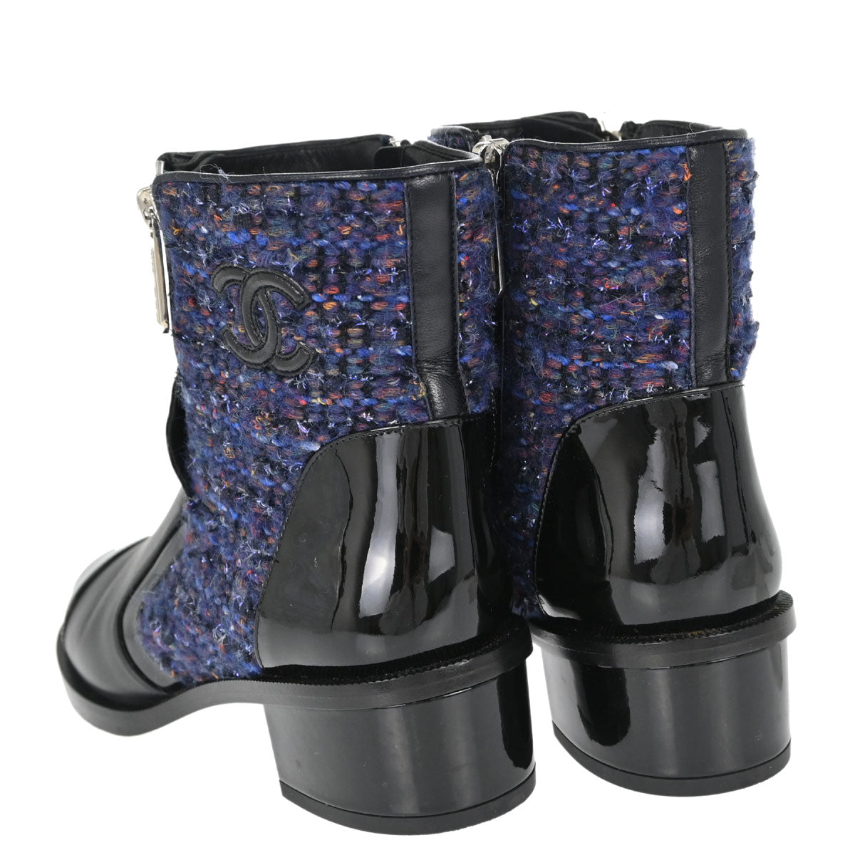 Chanel * Short Boots Navy Black Tweed Shoes #36 1/2C