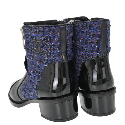 Chanel * Short Boots Navy Black Tweed Shoes #36 1/2C