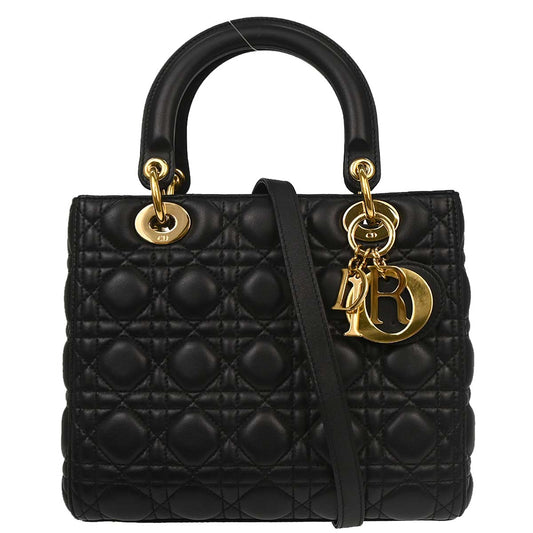 Christian Dior Black Lambskin Medium Lady Dior Cannage 2way Shoulder Handbag