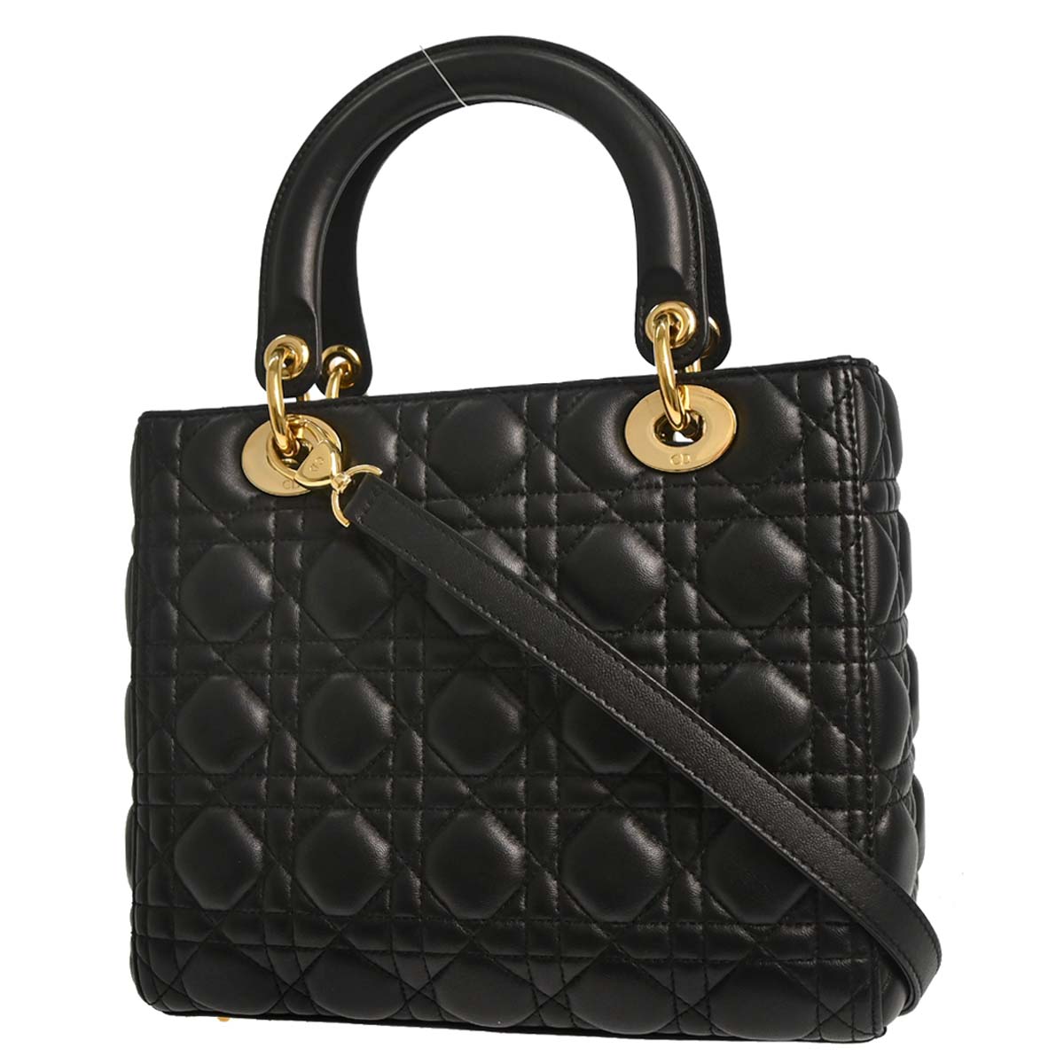 Christian Dior Black Lambskin Medium Lady Dior Cannage 2way Shoulder Handbag