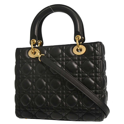 Christian Dior Black Lambskin Medium Lady Dior Cannage 2way Shoulder Handbag