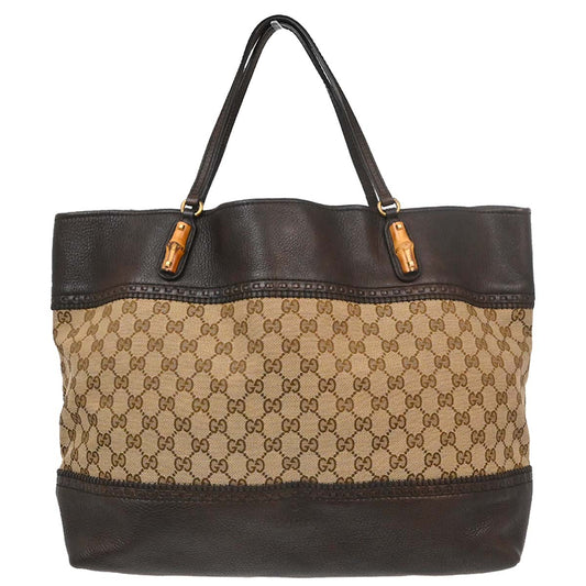 Gucci Beige Canvas Bamboo GG Tote Handbag