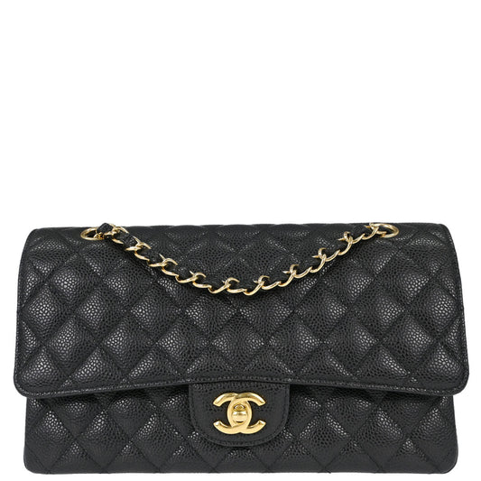 Chanel 2014 Black Caviar Skin Medium Classic Double Flap Shoulder Bag