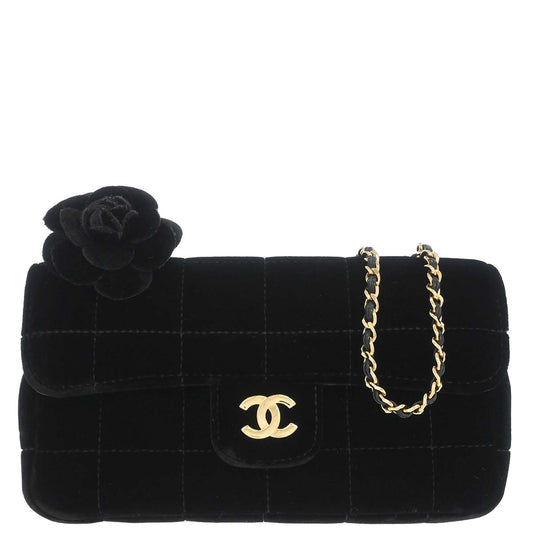 Chanel Black Velvet Camellia Choco Bar Shoulder Bag