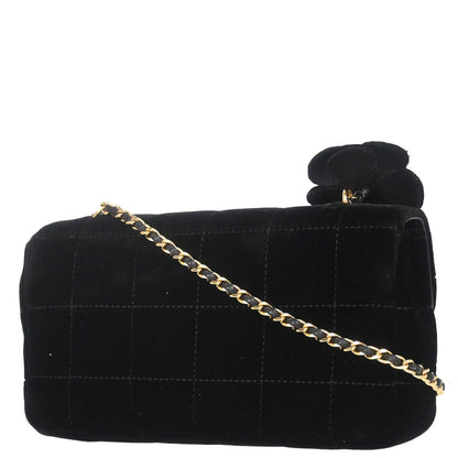 Chanel Black Velvet Camellia Choco Bar Shoulder Bag