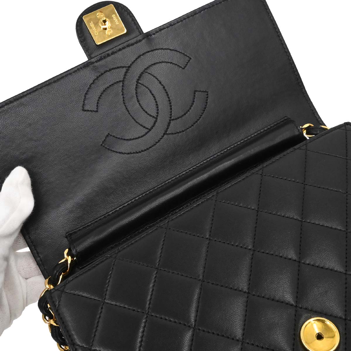 Chanel Black Lambskin Pushlock Small Half Flap Shoulder Bag