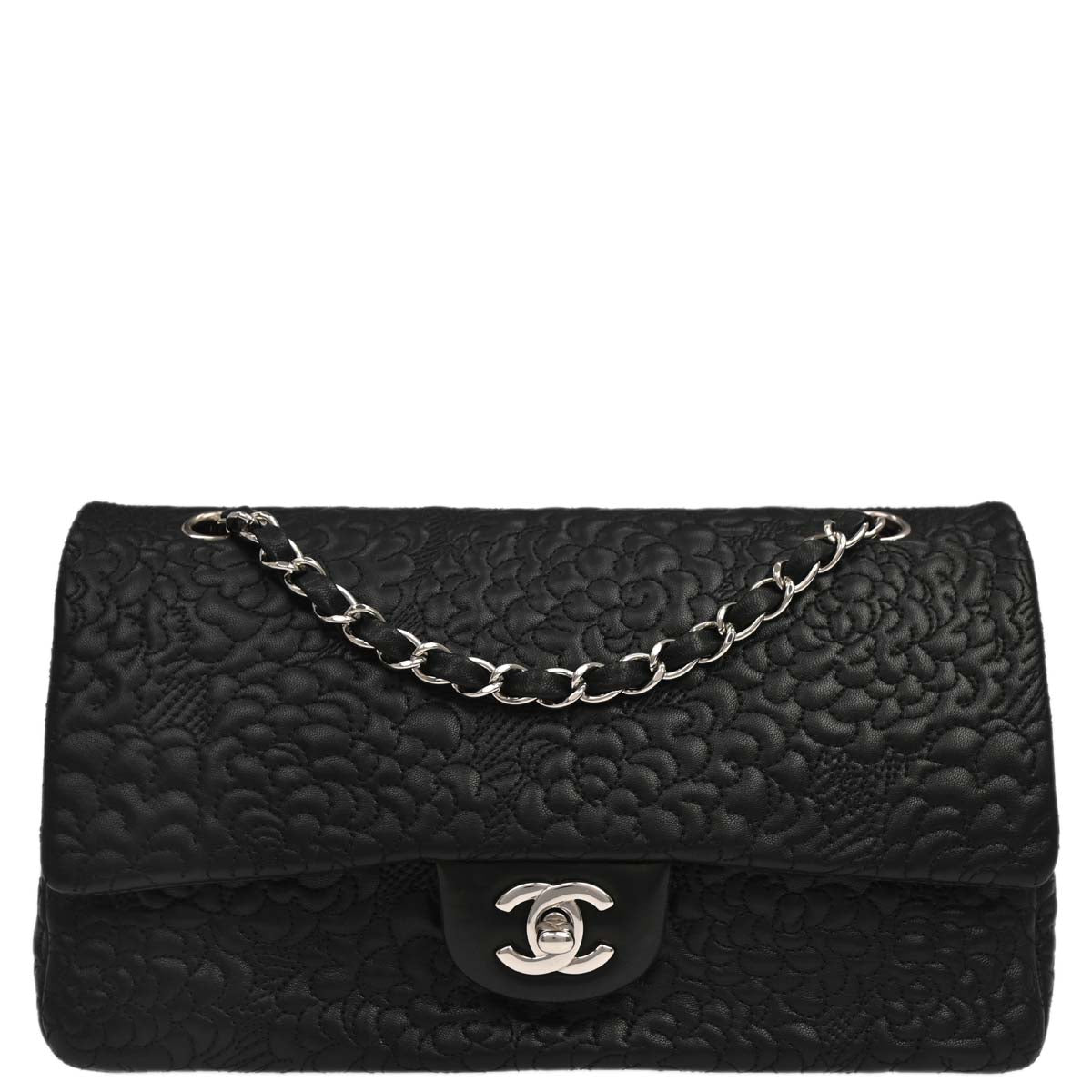 Chanel Black Camellia Embossed Lambskin Medium Classic Double Flap Bag