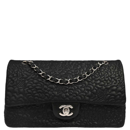 Chanel Black Camellia Embossed Lambskin Medium Classic Double Flap Bag