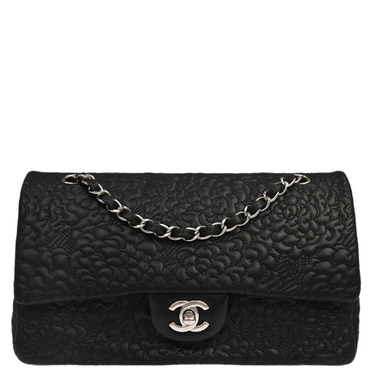 Chanel Black Camellia Embossed Lambskin Medium Classic Double Flap Bag