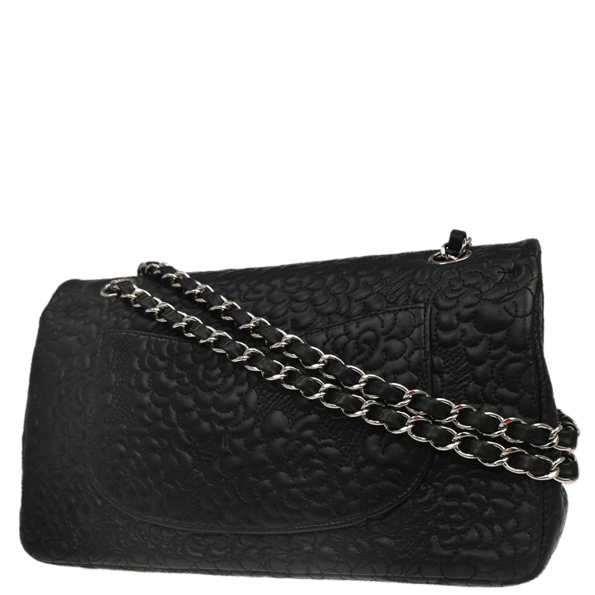 Chanel Black Camellia Embossed Lambskin Medium Classic Double Flap Bag