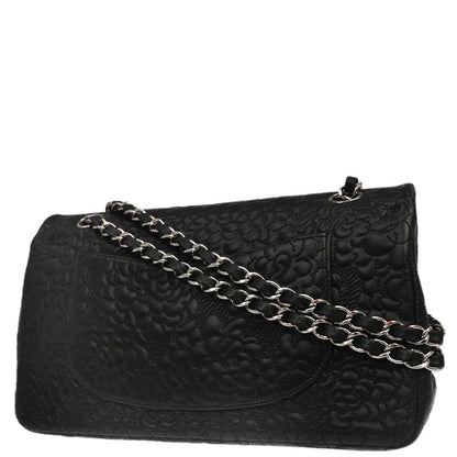 Chanel Black Camellia Embossed Lambskin Medium Classic Double Flap Bag