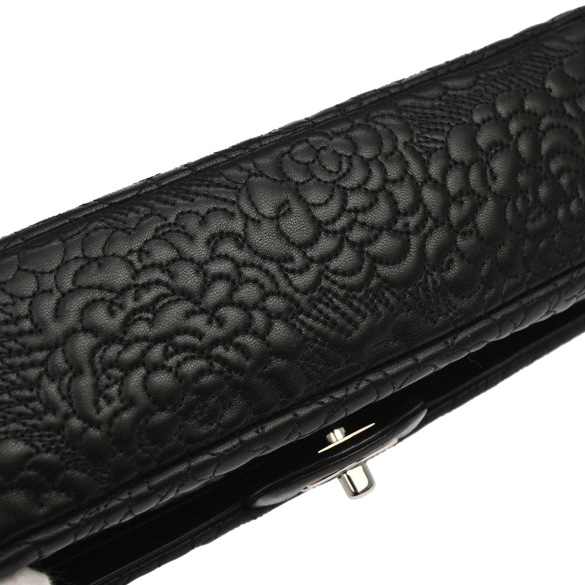 Chanel Black Camellia Embossed Lambskin Medium Classic Double Flap Bag