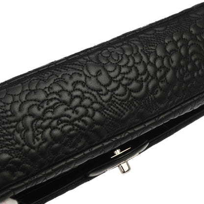Chanel Black Camellia Embossed Lambskin Medium Classic Double Flap Bag