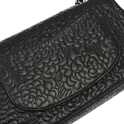 Chanel Black Camellia Embossed Lambskin Medium Classic Double Flap Bag