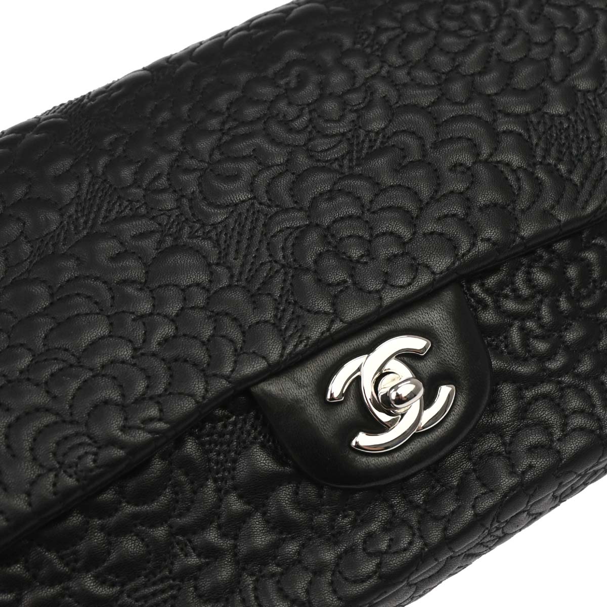 Chanel Black Camellia Embossed Lambskin Medium Classic Double Flap Bag