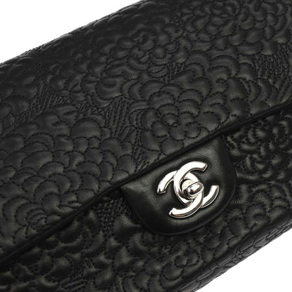Chanel Black Camellia Embossed Lambskin Medium Classic Double Flap Bag