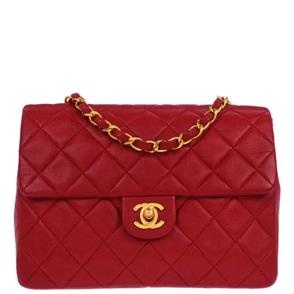 Chanel Red Lambskin Classic Square Flap Shoulder Bag 20