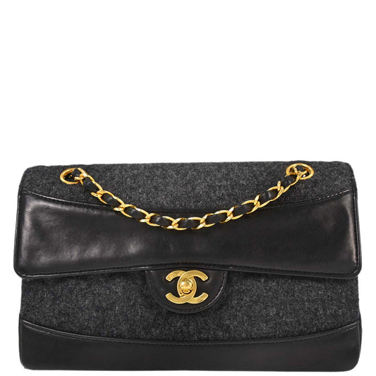 Chanel Black Lambskin Wool Single Flap Shoulder Bag