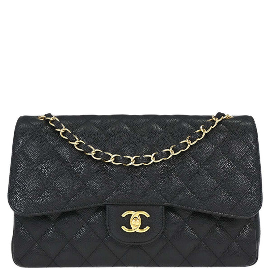 Chanel Black Caviar Skin Jumbo Classic Double Flap Shoulder Bag