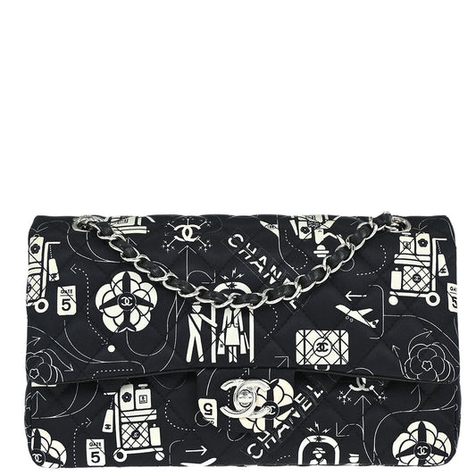 Chanel Black Satin Airline Medium Classic Double Flap Shoulder Bag