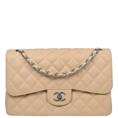 Chanel 2013-2014 Beige Caviar Jumbo Classic Double Flap Shoulder Bag