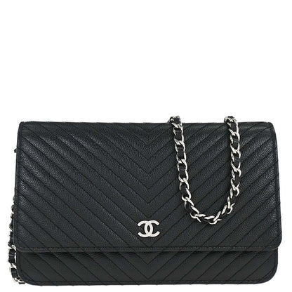 Chanel 2012 Black Caviar Skin Chevron WOC Wallet on Chain Bag